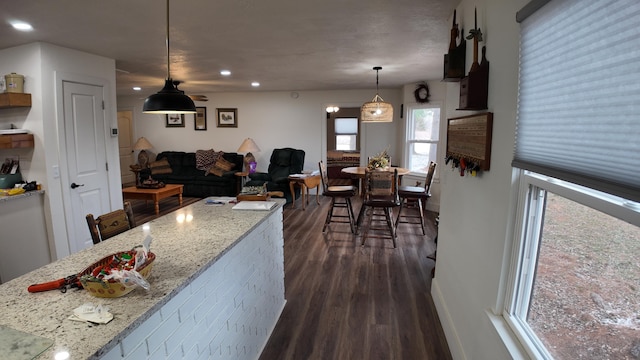 1247 State Hwy N, Clever, MO 65631 - kitchen with dark wood-style floors, recessed lighting, light stone counters, decorative light fixtures, and open floor plan