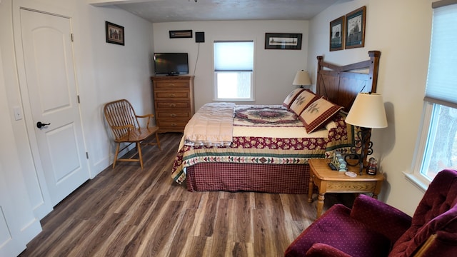 bedroom with dark hardwood / wood-style floors