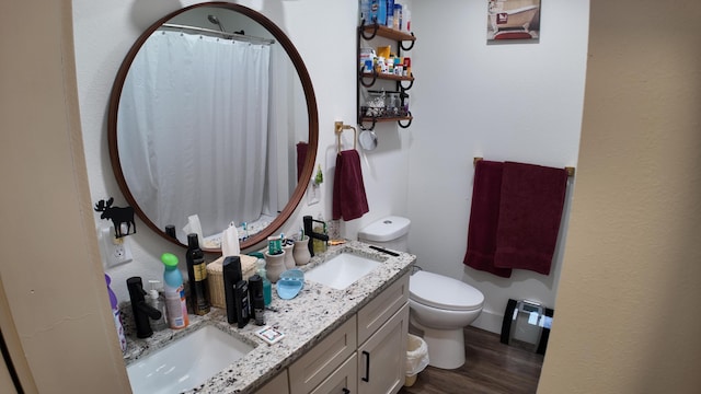1247 State Hwy N, Clever, MO 65631 - bathroom with double vanity, wood finished floors, and a shower with shower curtain