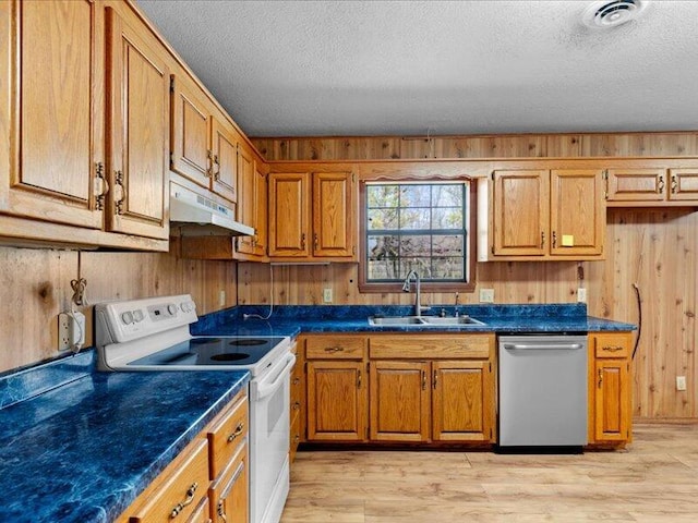 kitchen featuring wood walls, white electric range, sink, stainless steel dishwasher, and a textured ceiling