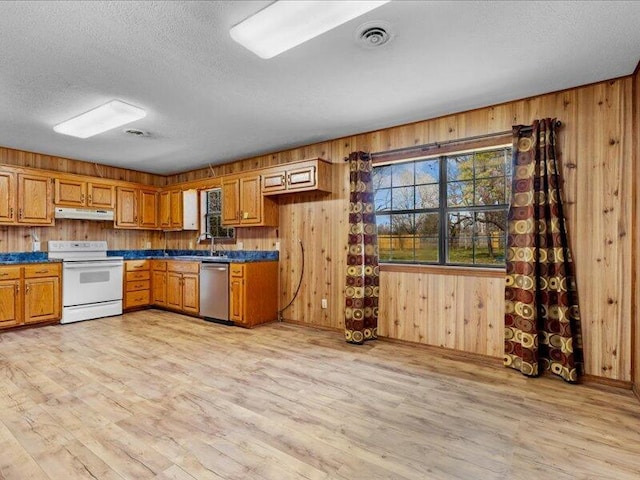 kitchen with a textured ceiling, dishwasher, light wood-type flooring, and white electric stove