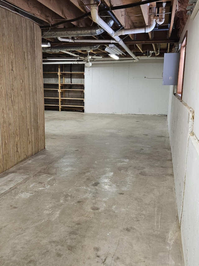 basement featuring wood walls