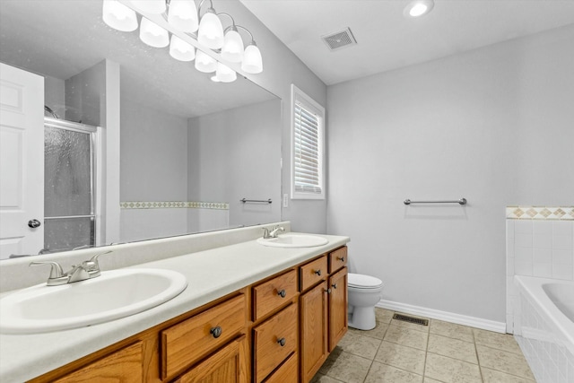 full bathroom featuring independent shower and bath, tile patterned floors, vanity, and toilet