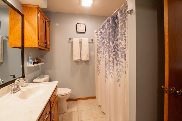 bathroom with tile patterned flooring, vanity, walk in shower, and toilet