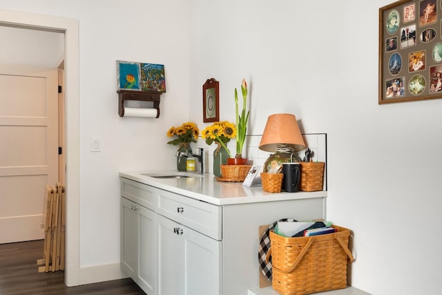 hallway featuring radiator, dark wood-type flooring, and sink