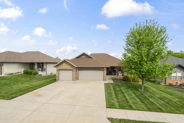 ranch-style home featuring a front lawn, driveway, a garage, and brick siding