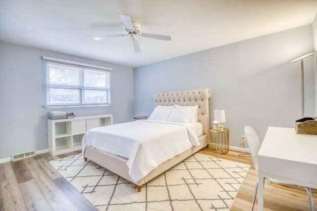 bedroom featuring ceiling fan and light hardwood / wood-style floors