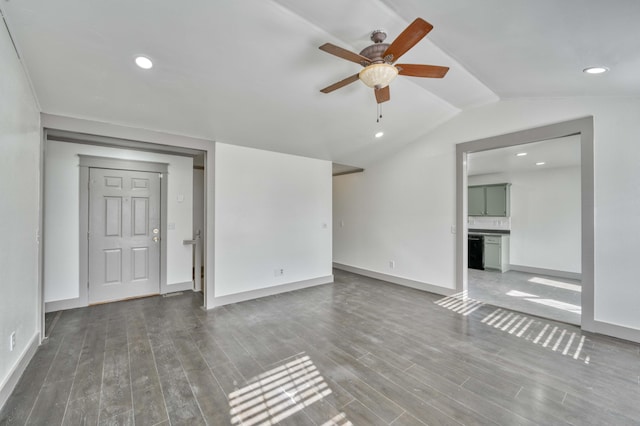 unfurnished living room featuring ceiling fan, wood-type flooring, and vaulted ceiling