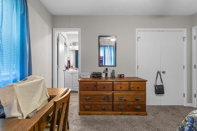 carpeted bedroom featuring a textured ceiling, ensuite bath, and a closet