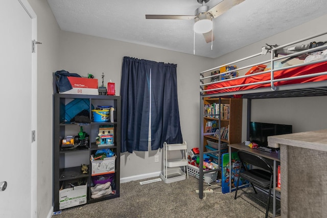 bedroom with carpet flooring, ceiling fan, and a textured ceiling