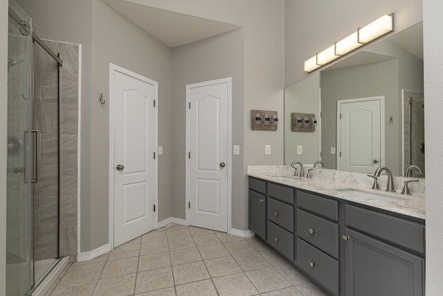 bathroom featuring tile patterned floors, vanity, and a shower with shower door