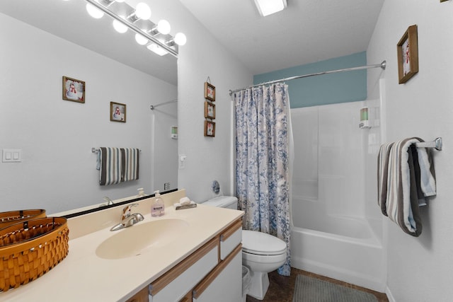 full bathroom with shower / tub combo, vanity, a textured ceiling, and toilet