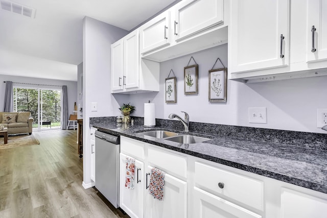 kitchen with stainless steel dishwasher, white cabinetry, sink, and dark stone counters