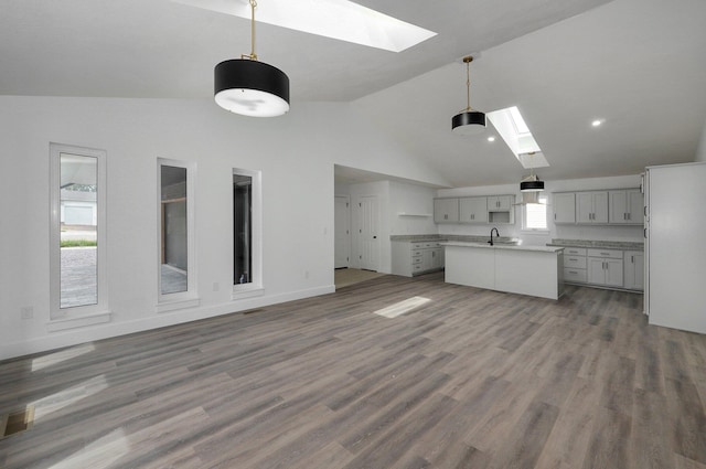 kitchen with a skylight, pendant lighting, a healthy amount of sunlight, and dark hardwood / wood-style flooring