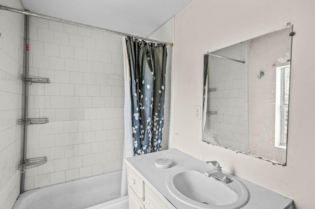 bathroom with vanity and shower / tub combo with curtain