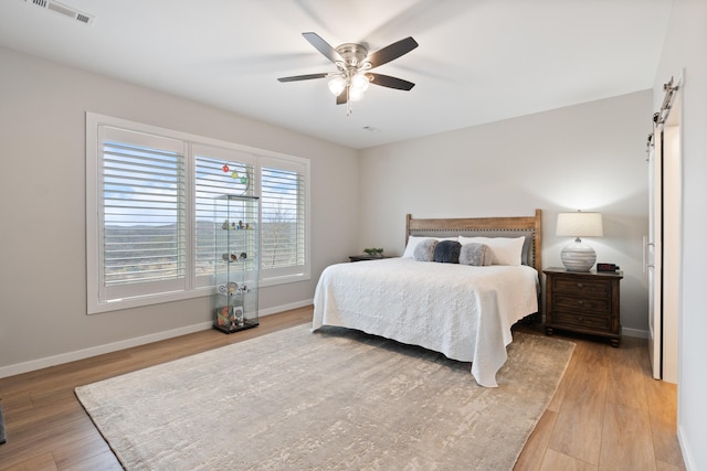 bedroom with ceiling fan and light hardwood / wood-style flooring