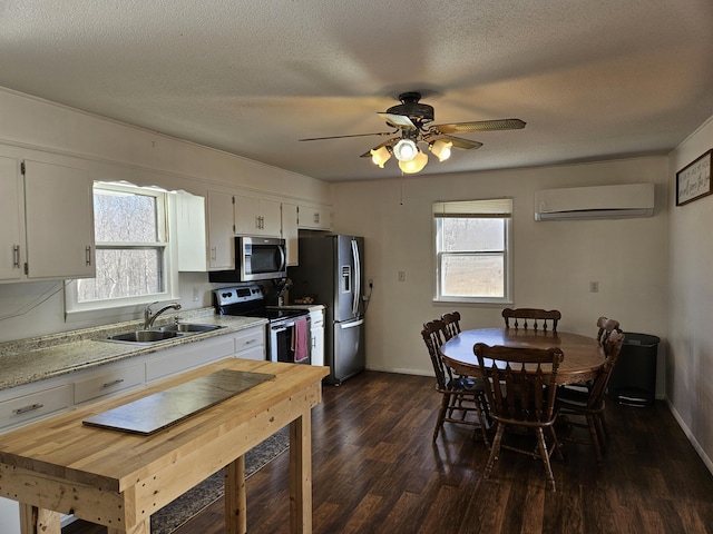 kitchen with appliances with stainless steel finishes, a wall unit AC, ceiling fan, sink, and white cabinets