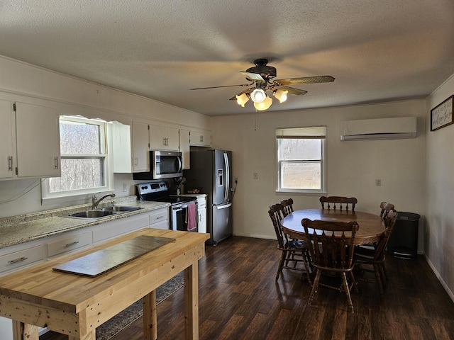21525 State Highway P, Ava, MO 65608 - kitchen featuring a wall mounted air conditioner, appliances with stainless steel finishes, dark wood-style floors, white cabinetry, and a ceiling fan