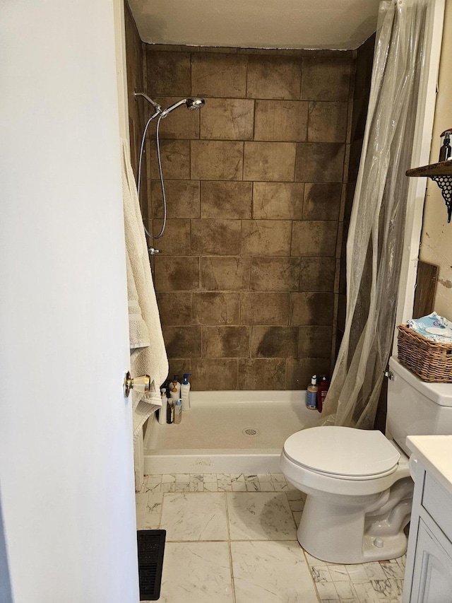 bathroom featuring vanity, toilet, and curtained shower