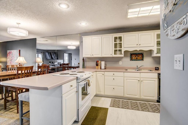 189 Avondale Dr Unit 91-6, Branson, MO 65616 - kitchen featuring kitchen peninsula, sink, electric range, white cabinetry, and a breakfast bar area