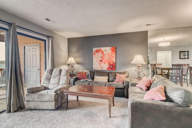 living room featuring carpet and a textured ceiling