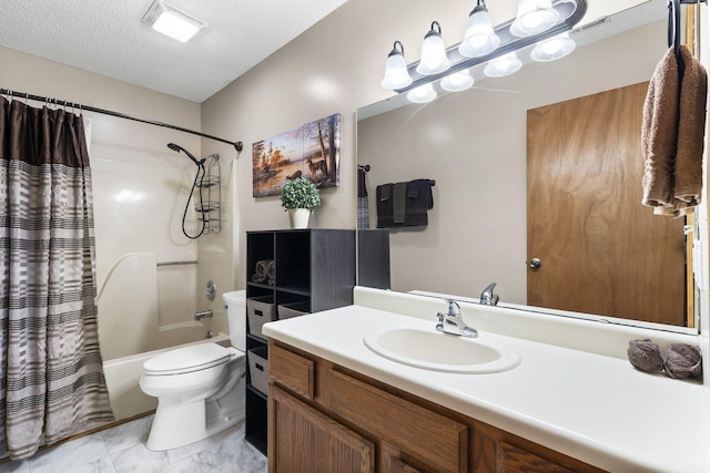 full bathroom featuring vanity, shower / tub combo, a textured ceiling, and toilet