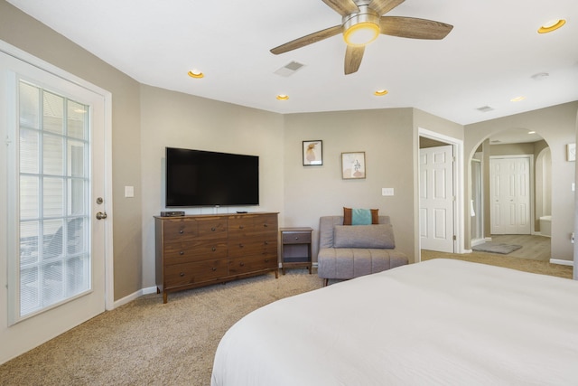 carpeted bedroom featuring ceiling fan