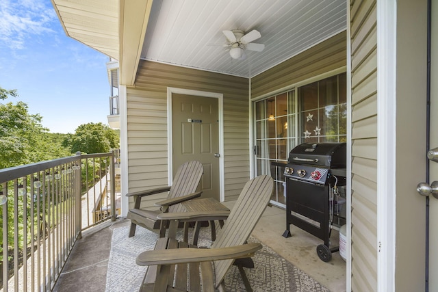 balcony featuring ceiling fan and a grill