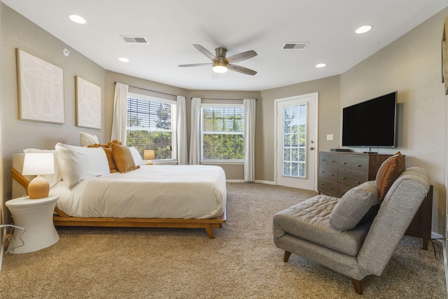 bedroom featuring access to outside, ceiling fan, and light colored carpet