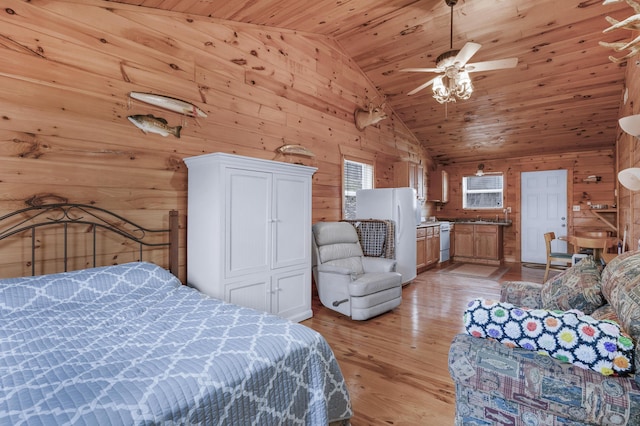 bedroom featuring ceiling fan, wooden ceiling, white refrigerator, vaulted ceiling, and wooden walls