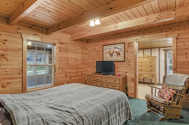 bedroom with beam ceiling, wood ceiling, carpet floors, and wooden walls