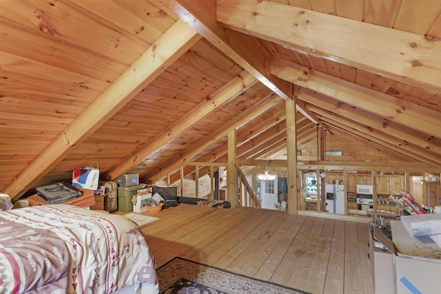 bedroom with wooden ceiling, lofted ceiling with beams, white refrigerator with ice dispenser, wood walls, and hardwood / wood-style flooring