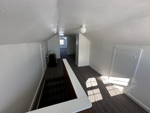 additional living space with dark colored carpet, a textured ceiling, and vaulted ceiling