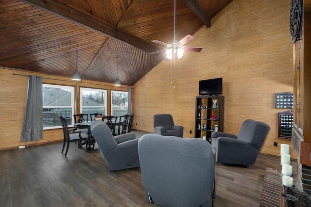 living room featuring wooden ceiling, beamed ceiling, ceiling fan, dark wood-type flooring, and high vaulted ceiling