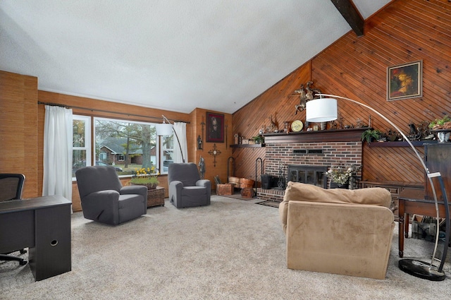 carpeted living room with a brick fireplace, wood walls, and vaulted ceiling with beams