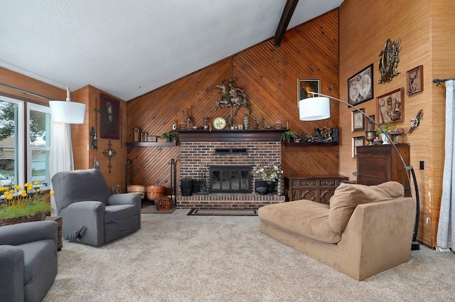 carpeted living room featuring a brick fireplace, wood walls, and lofted ceiling with beams