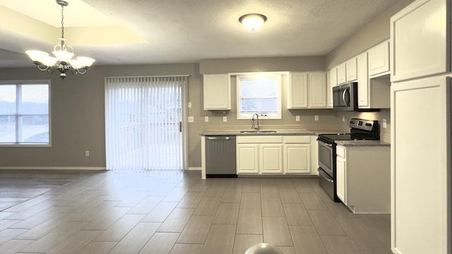 kitchen with white cabinetry, pendant lighting, stainless steel appliances, and sink