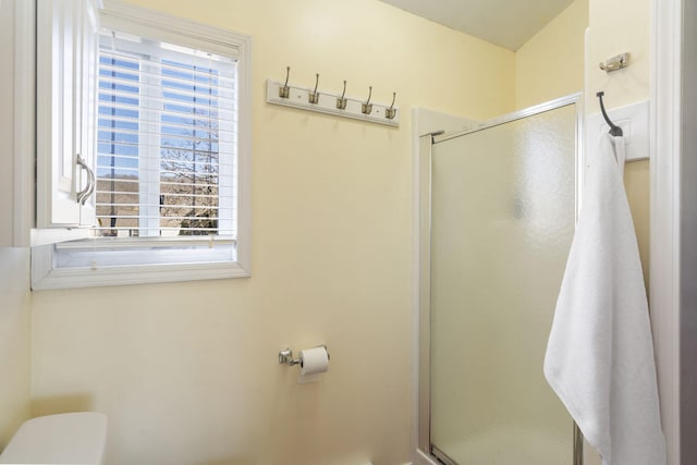 bathroom with a wealth of natural light, an enclosed shower, and toilet