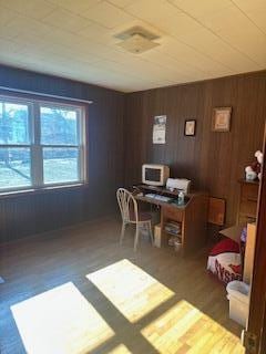 home office with wooden walls