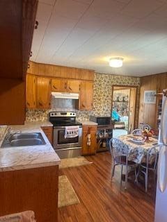 kitchen with stainless steel electric range oven, sink, dark hardwood / wood-style flooring, refrigerator, and decorative backsplash