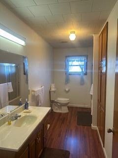 bathroom with hardwood / wood-style floors, vanity, and toilet