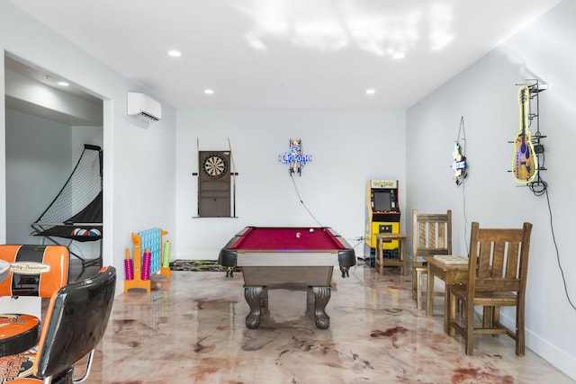 game room featuring baseboards, a wall unit AC, pool table, marble finish floor, and recessed lighting