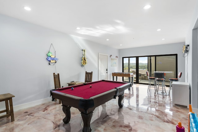 recreation room featuring marble finish floor, recessed lighting, billiards, and baseboards