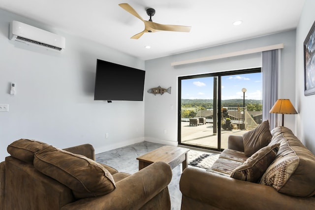 living room featuring marble finish floor, recessed lighting, an AC wall unit, ceiling fan, and baseboards