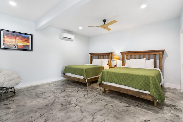 bedroom featuring recessed lighting, an AC wall unit, ceiling fan, beamed ceiling, and baseboards