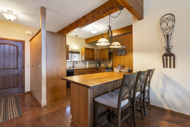 kitchen with wood counters, beam ceiling, dark hardwood / wood-style flooring, and kitchen peninsula