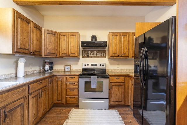 kitchen with stainless steel range with electric stovetop, dark hardwood / wood-style floors, black fridge with ice dispenser, and extractor fan