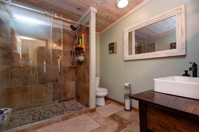 bathroom with walk in shower, sink, wooden ceiling, and toilet