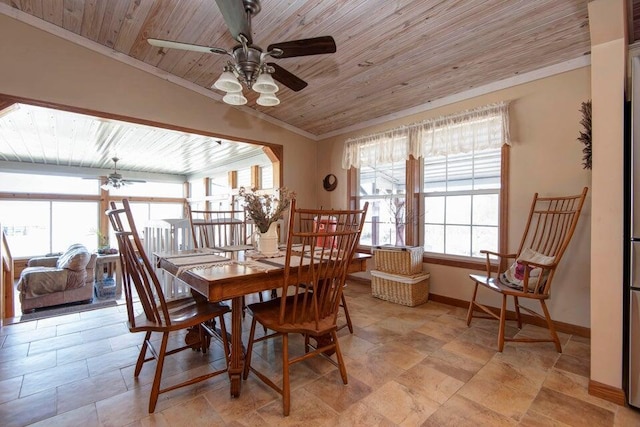 dining room with ornamental molding, lofted ceiling, wooden ceiling, and ceiling fan