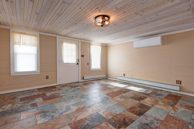 entryway featuring a baseboard radiator, a wall mounted air conditioner, and wooden ceiling